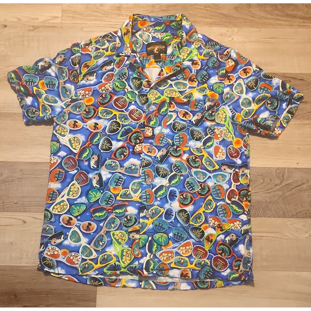 Bayou Wear Men's Blue Multicolor Graphic Print Button-Up, Made In USA Size S